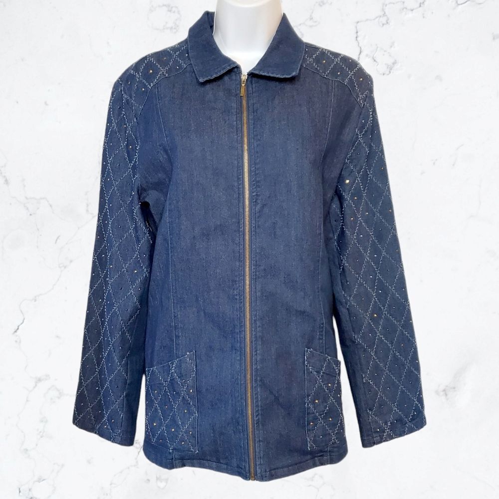 Country Store Denim Embroidered Gold Rhinestone Zip Front Jacket